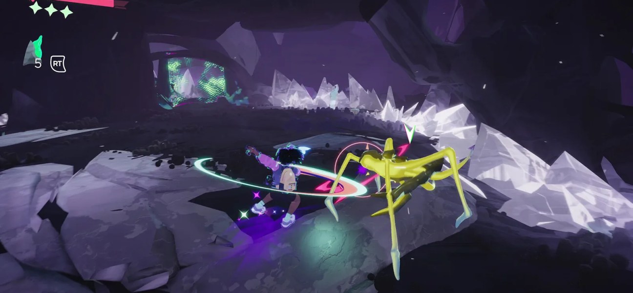Player battles a glowing monster in a vibrant cave environment in Usual June.