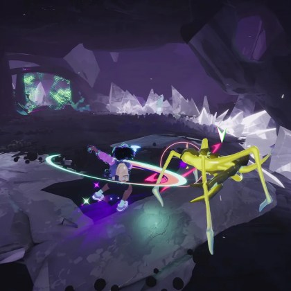 Player battles a glowing monster in a vibrant cave environment in Usual June.