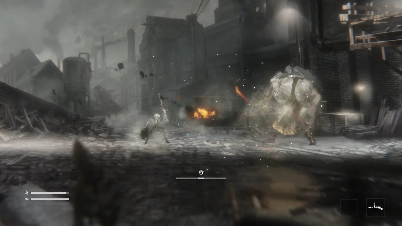 Intense battle scene in Vapor World: Over The Mind with a character facing a massive enemy.