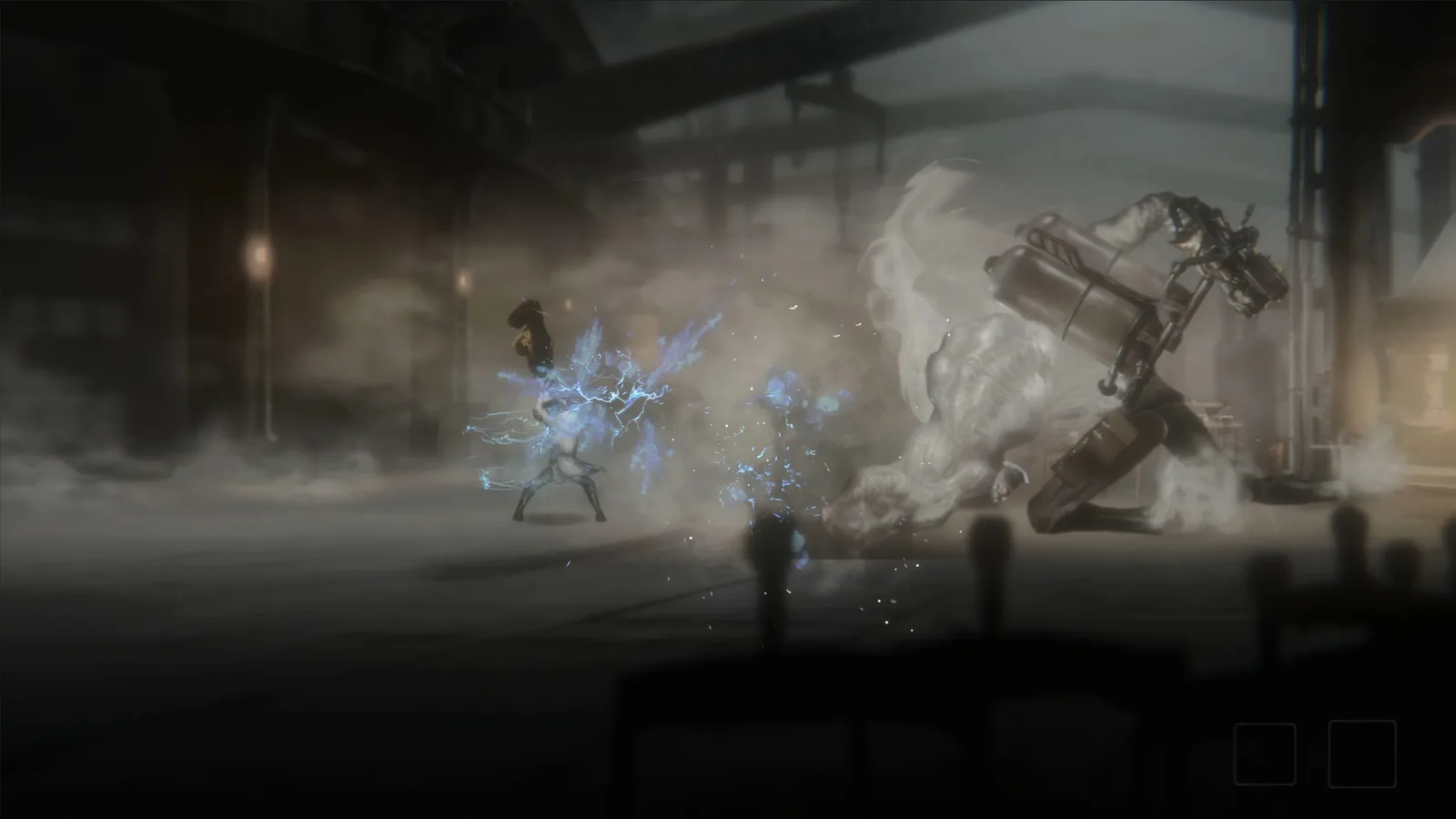 Dynamic battle scene in Vapor World: Over The Mind featuring elemental powers and a mechanical foe.