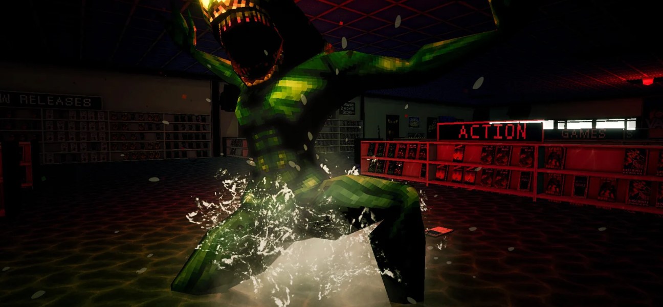 A pixelated monster emerges from water in a 1995 video store setting.
