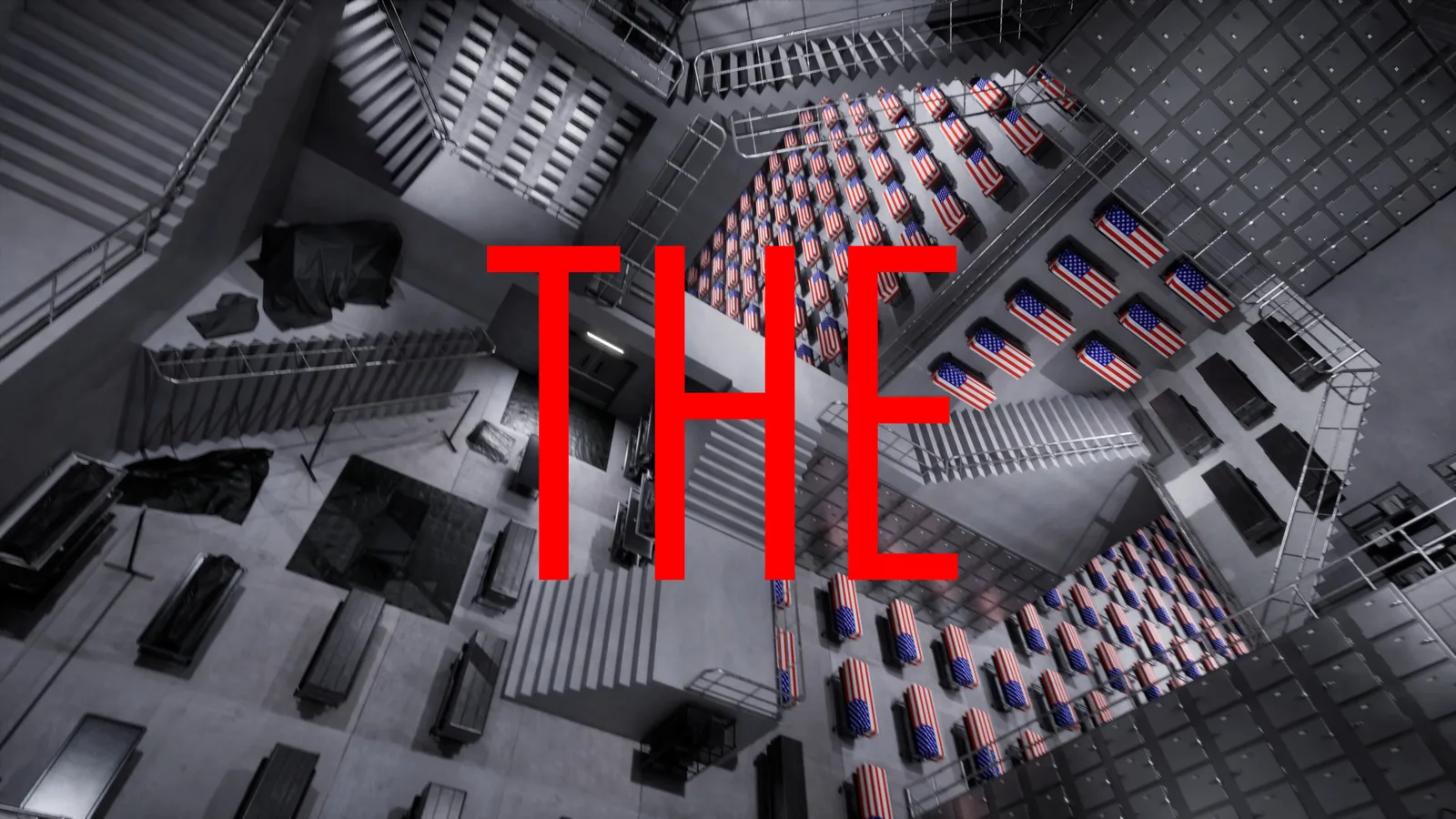 Aerial view of a futuristic sci-fi environment with stark contrasts and bold typography.
