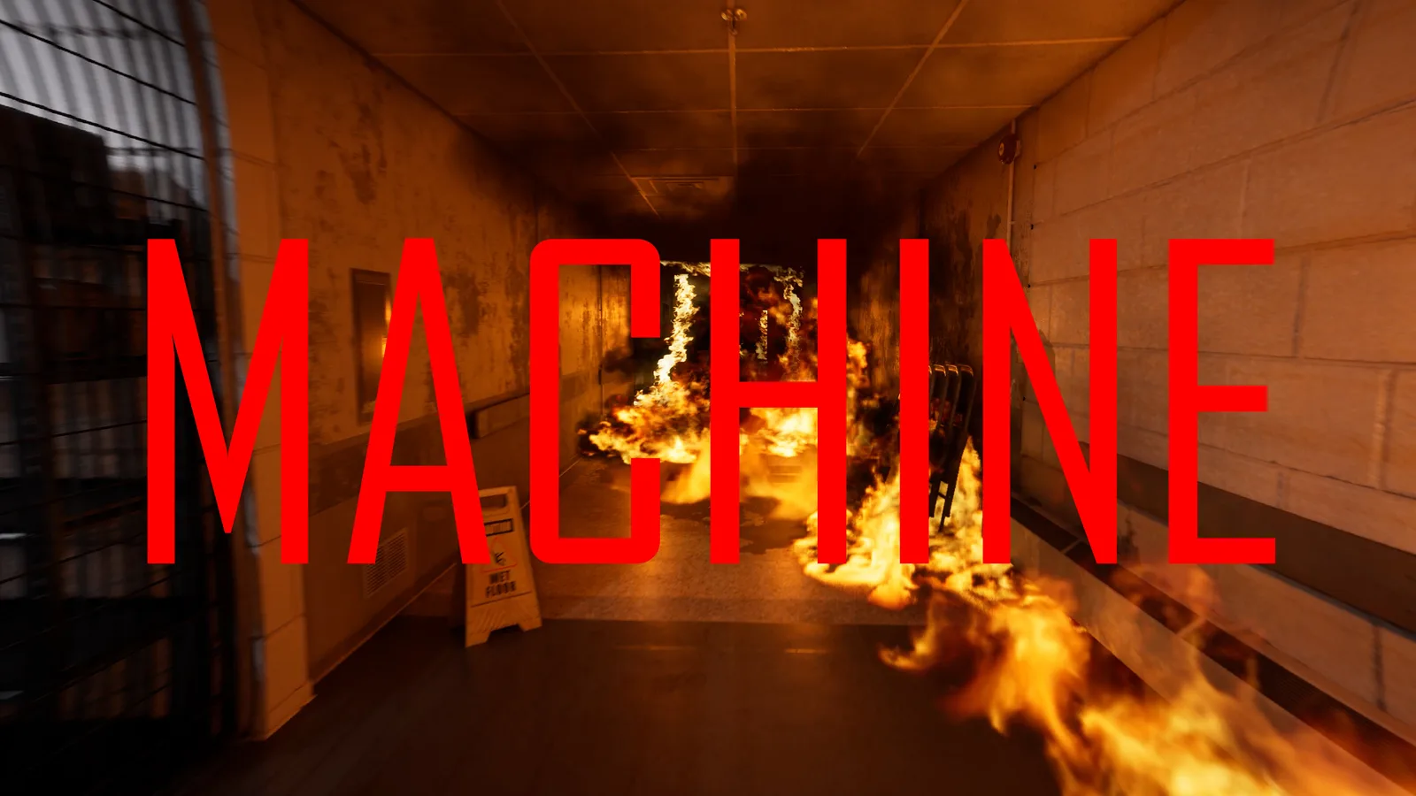Intense sci-fi horror scene with flames and the word 'MACHINE'