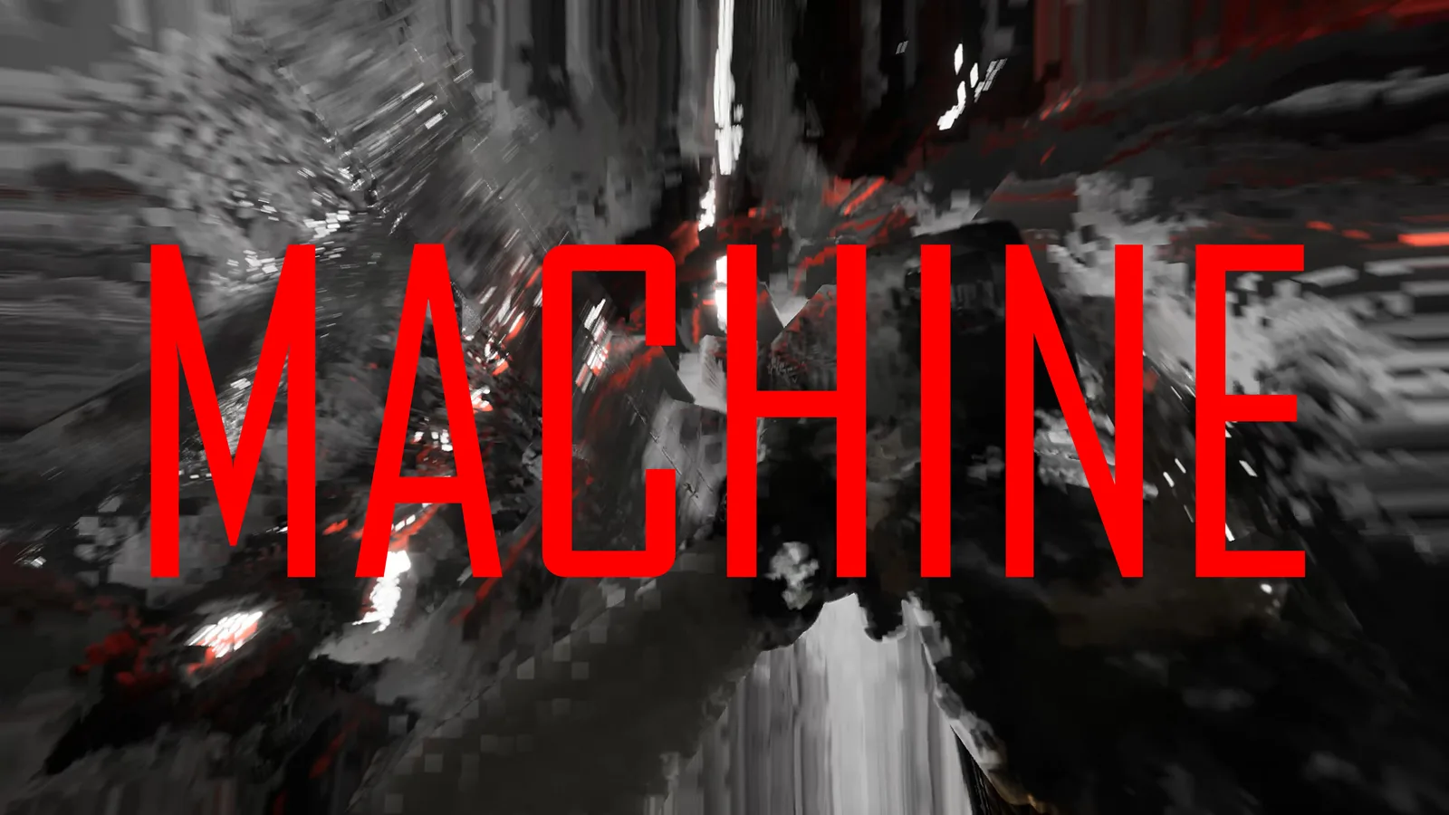 Futuristic sci-fi horror scene with bold text 'MACHINE'