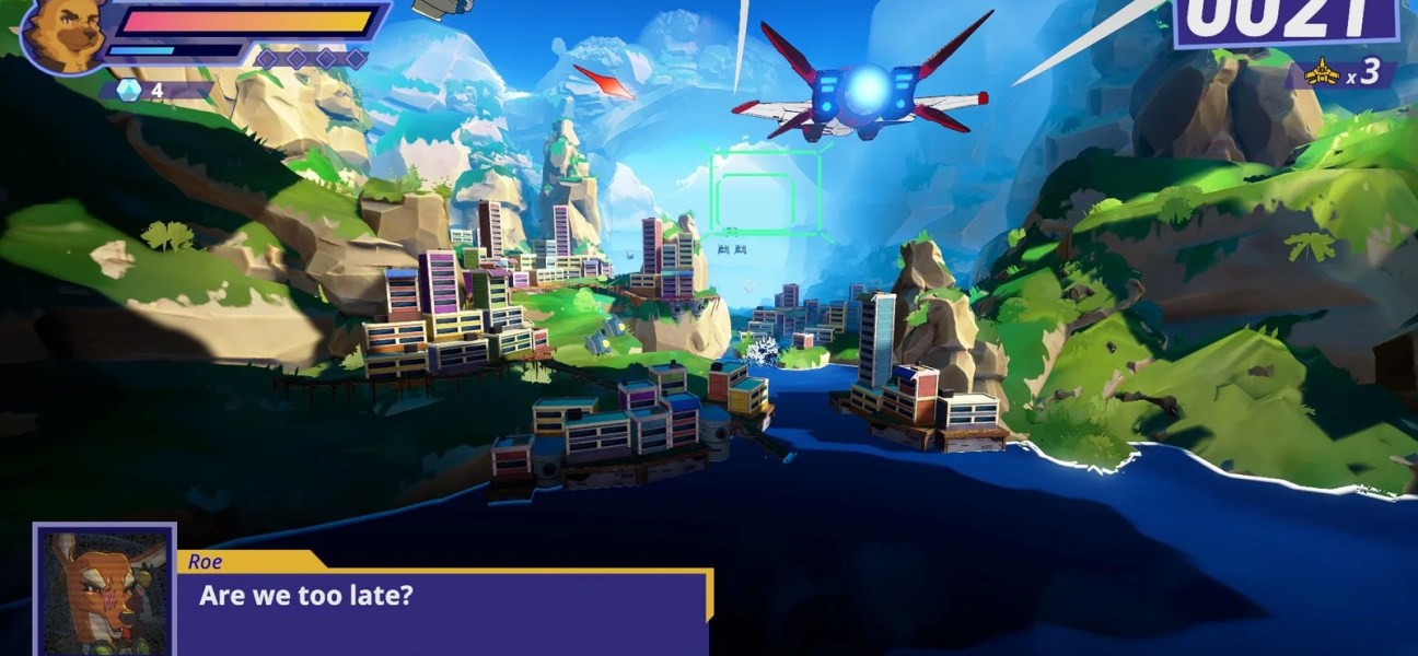 Colorful landscape from Wild Blue Skies featuring characters and vehicles in action