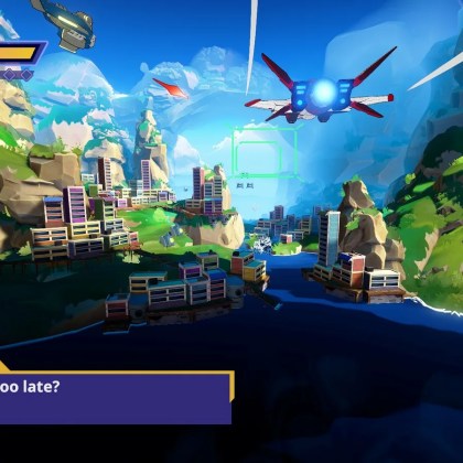 Colorful landscape from Wild Blue Skies featuring characters and vehicles in action