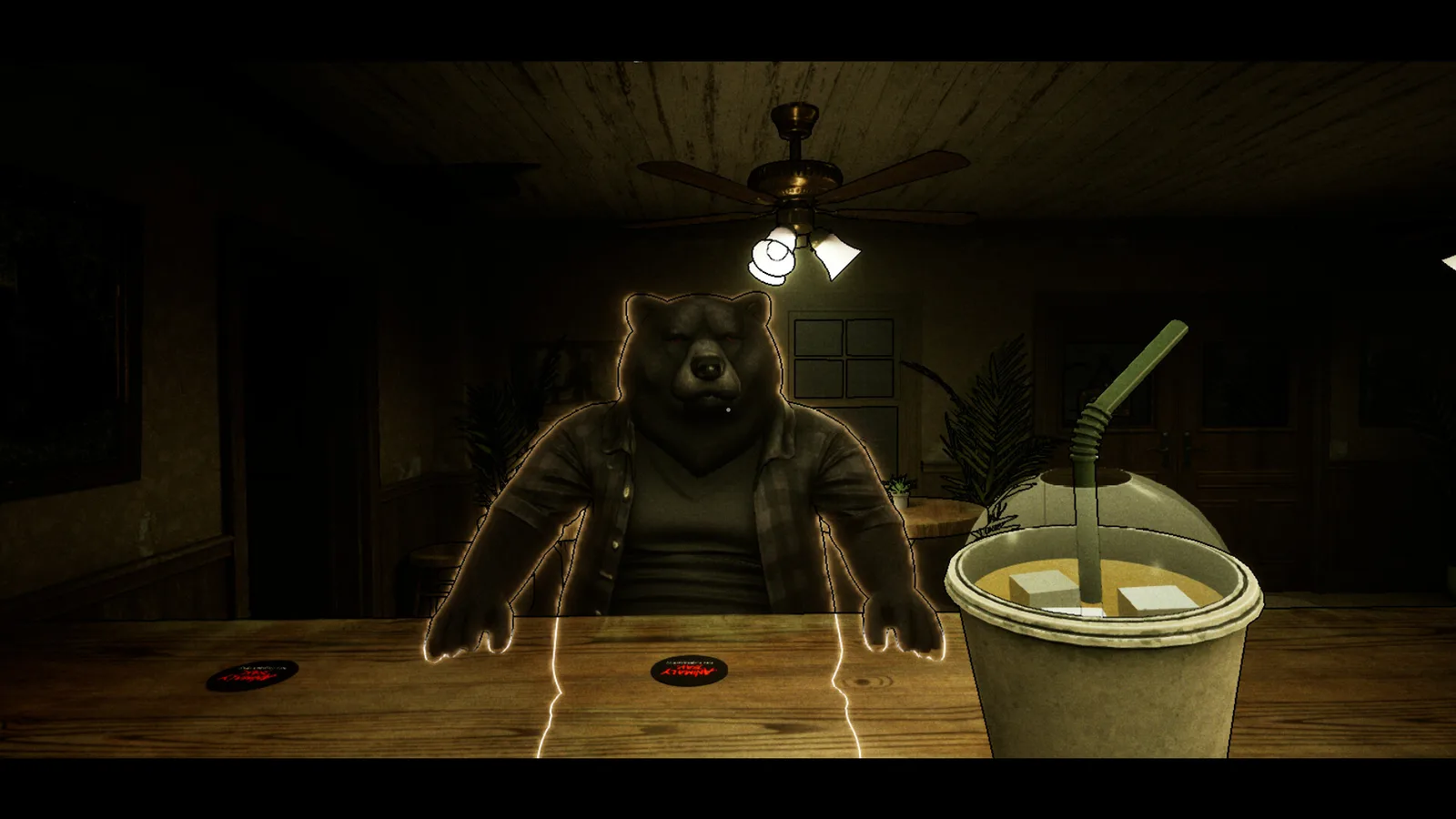 A bear character in a bar setting, featuring a mysterious atmosphere.