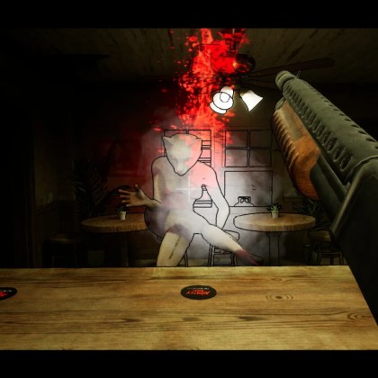 Intense action scene from Animaly Bar: NO HUMANITY! featuring a character with a shotgun.