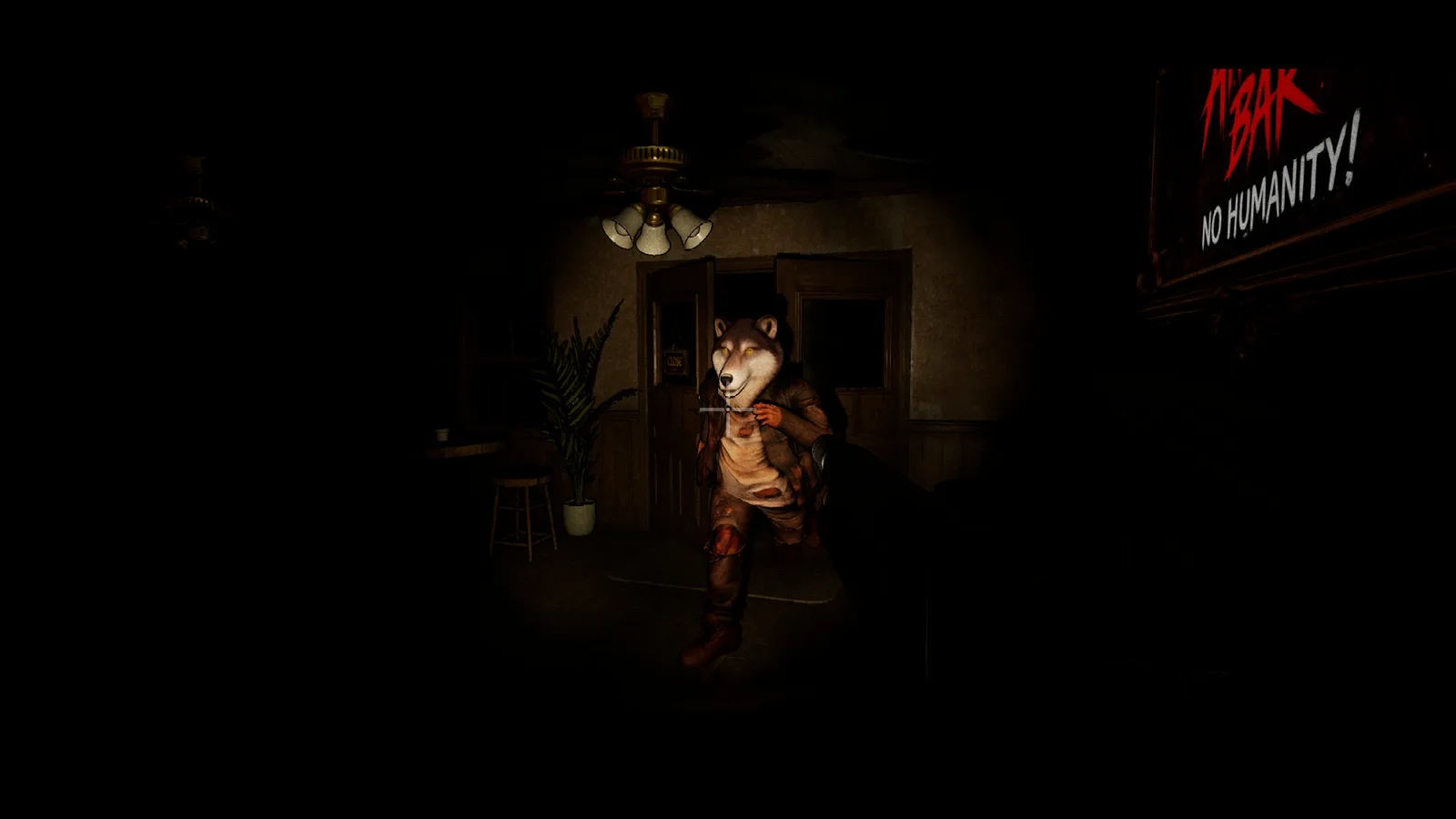 A bear character in a dark room with a sign reading 'NO HUMANITY!'