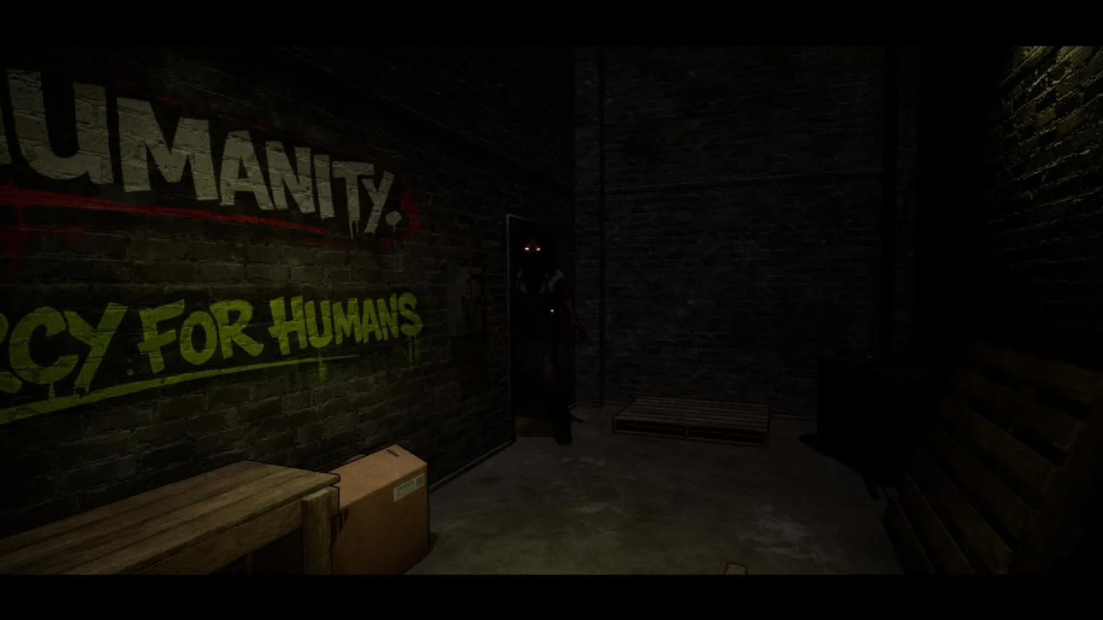 Dark warehouse scene from Animaly Bar: NO HUMANITY! featuring a lurking figure