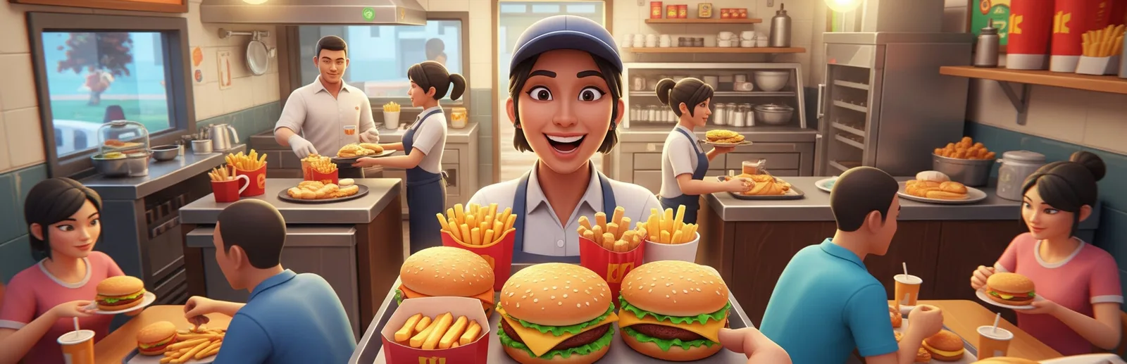 Exciting scene from Burger Shift: Team Rush with characters and delicious burgers.