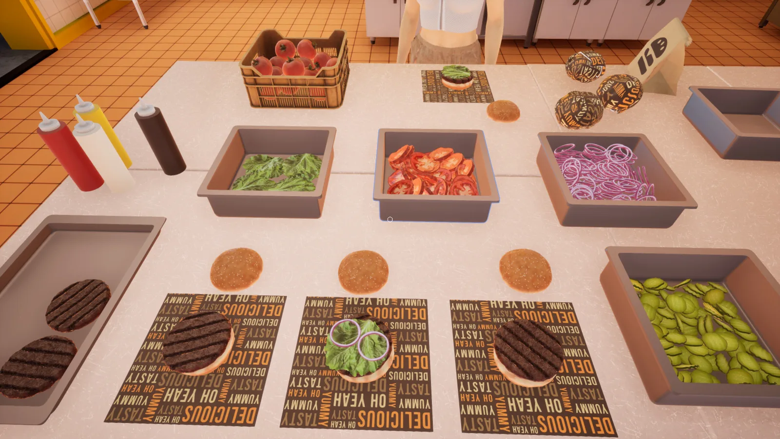 Colorful burger ingredients laid out in a vibrant kitchen setting