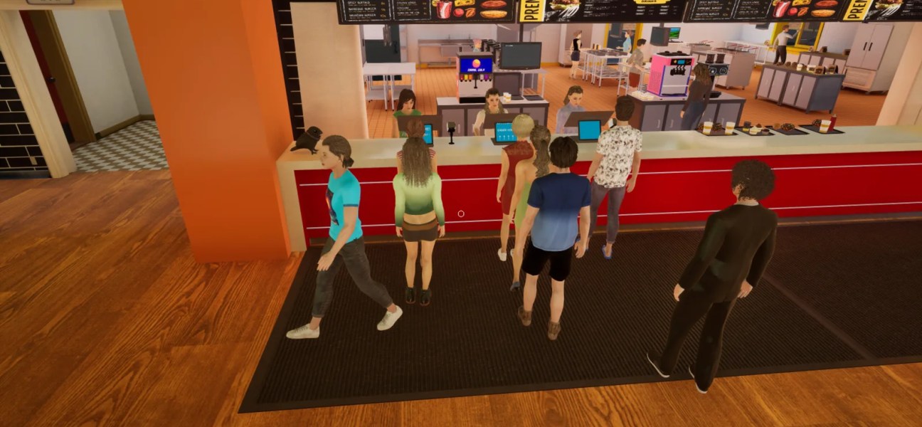 Players interacting in a vibrant burger restaurant setting in Burger Shift: Team Rush