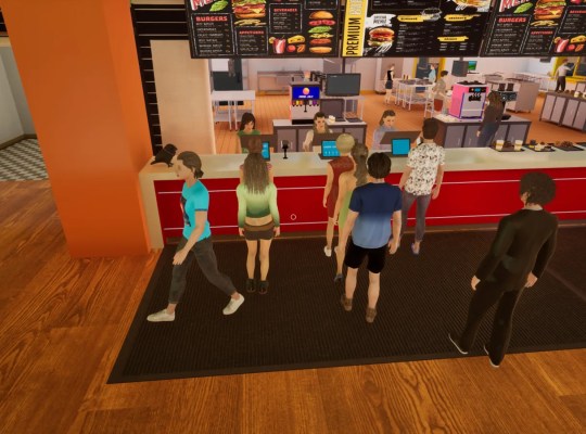 Players interacting in a vibrant burger restaurant setting in Burger Shift: Team Rush