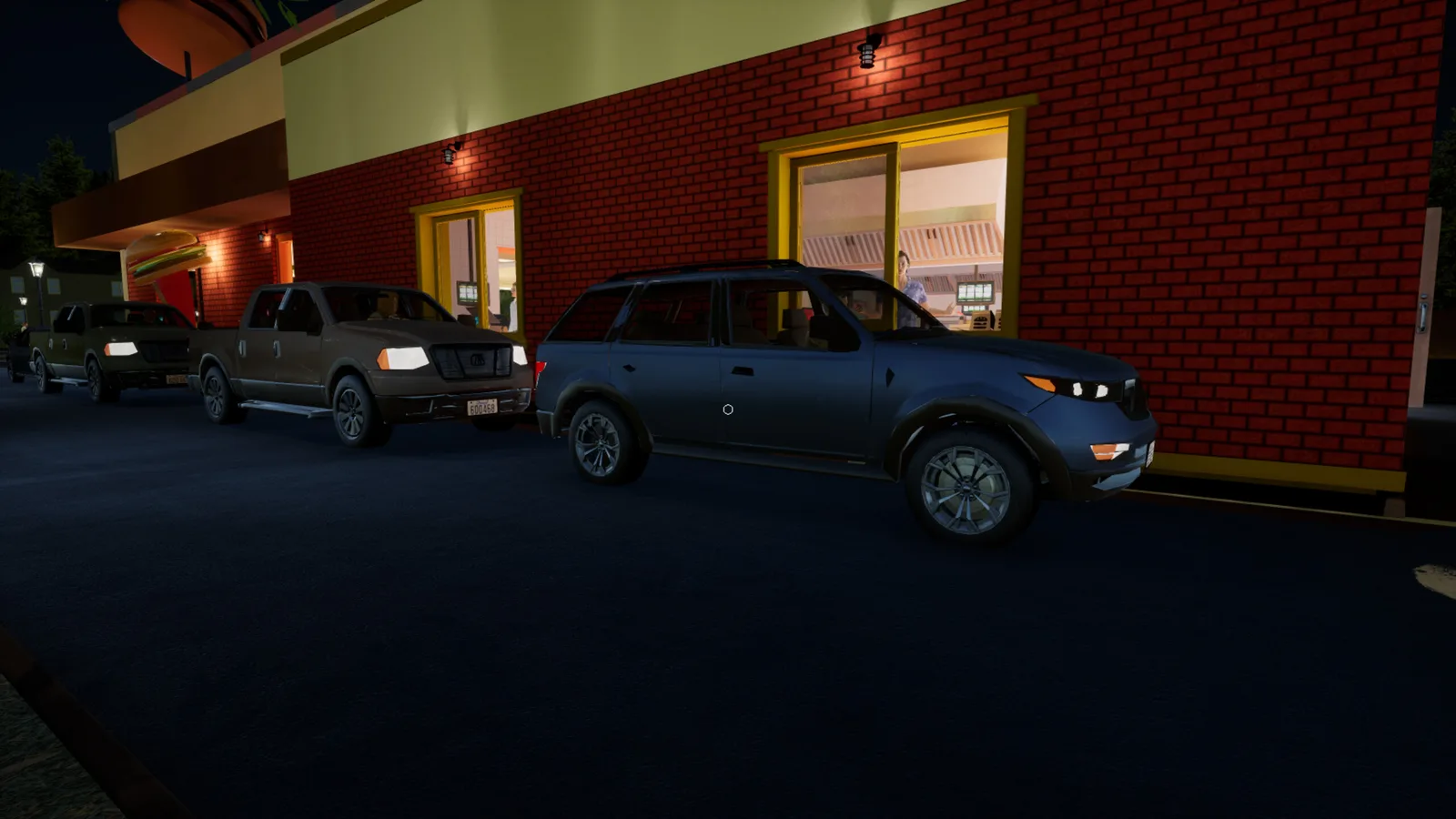 Cars lined up at a fast-food drive-thru in Burger Shift: Team Rush