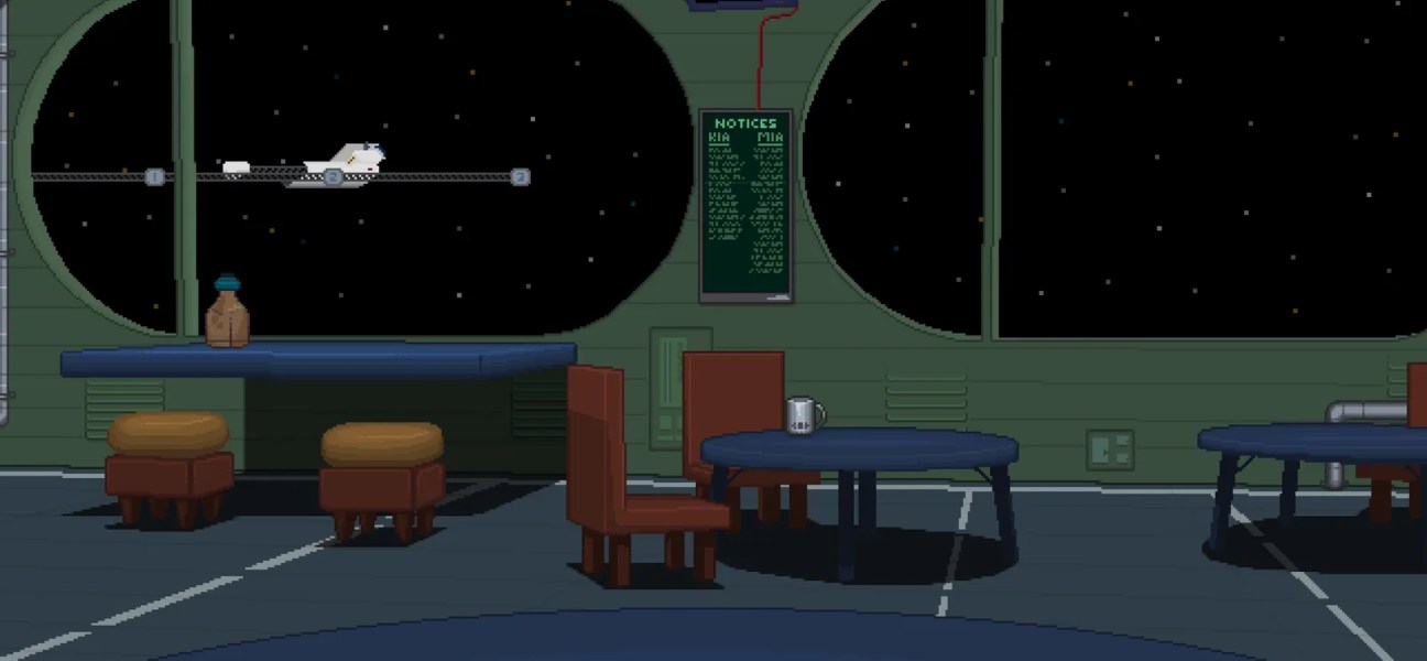 Interior of a spaceship with tables and a view of space