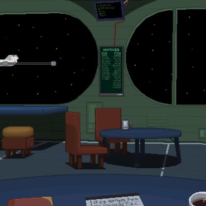 Interior of a spaceship with tables and a view of space