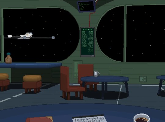 Interior of a spaceship with tables and a view of space