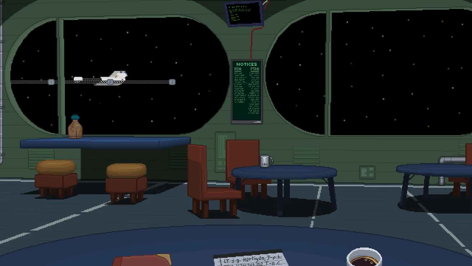 Interior of a spaceship with tables and a view of space