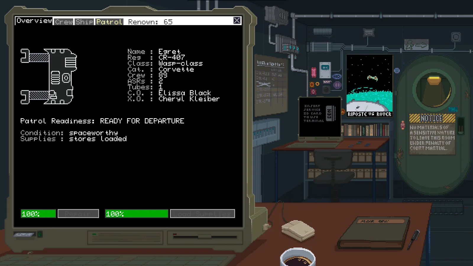 Gameplay screenshot of Deck & Conn featuring a spaceship interface and crew overview.