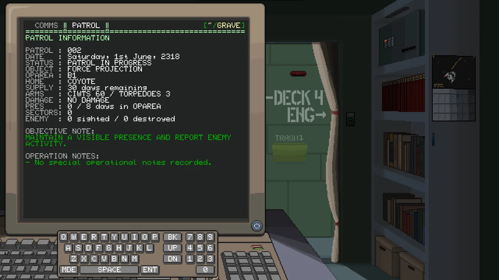 Screenshot of Deck & Conn game showing patrol information and command interface