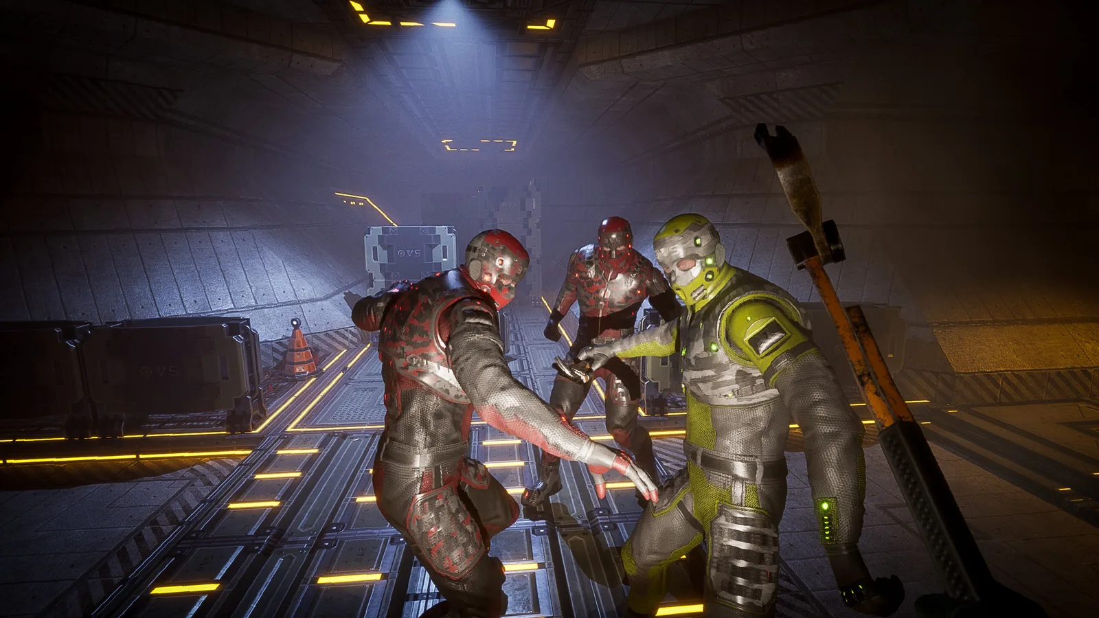 Three characters in a futuristic setting, showcasing action and tension in Deficit game.