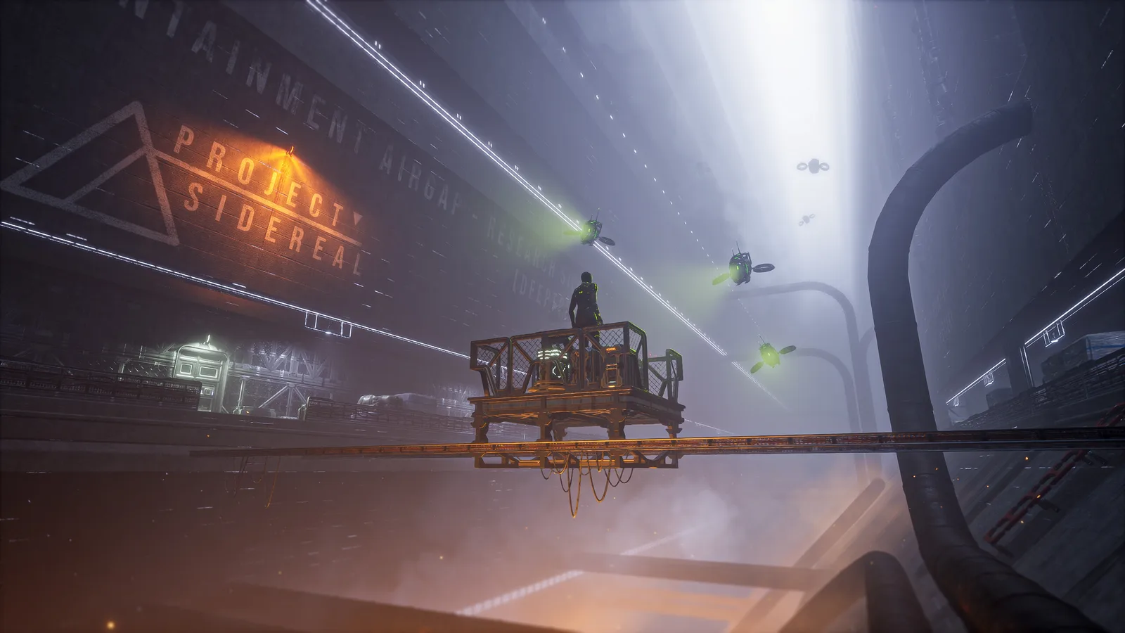 Corporate espionage scene in futuristic environment with drones and dramatic lighting