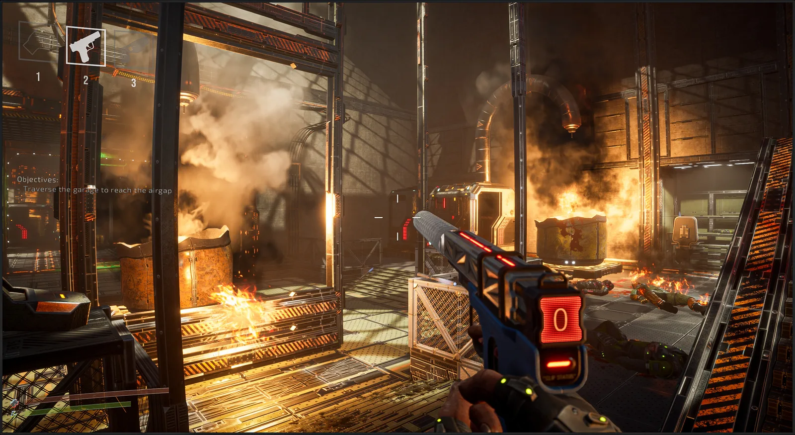 Intense corporate espionage scene in a sci-fi environment with gunplay and explosions