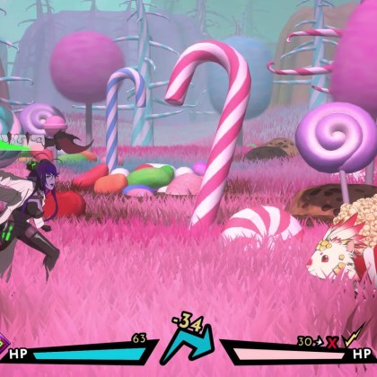 Colorful candy-themed landscape in Food Devils game with characters in action