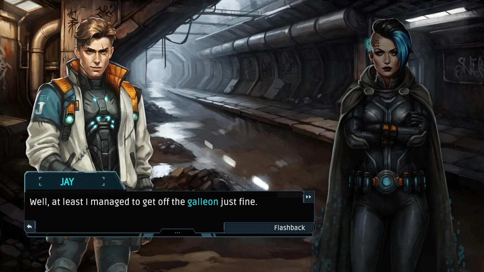 Characters Jay and a mysterious figure in a dark, futuristic setting from Frontier: Path of Shadows.