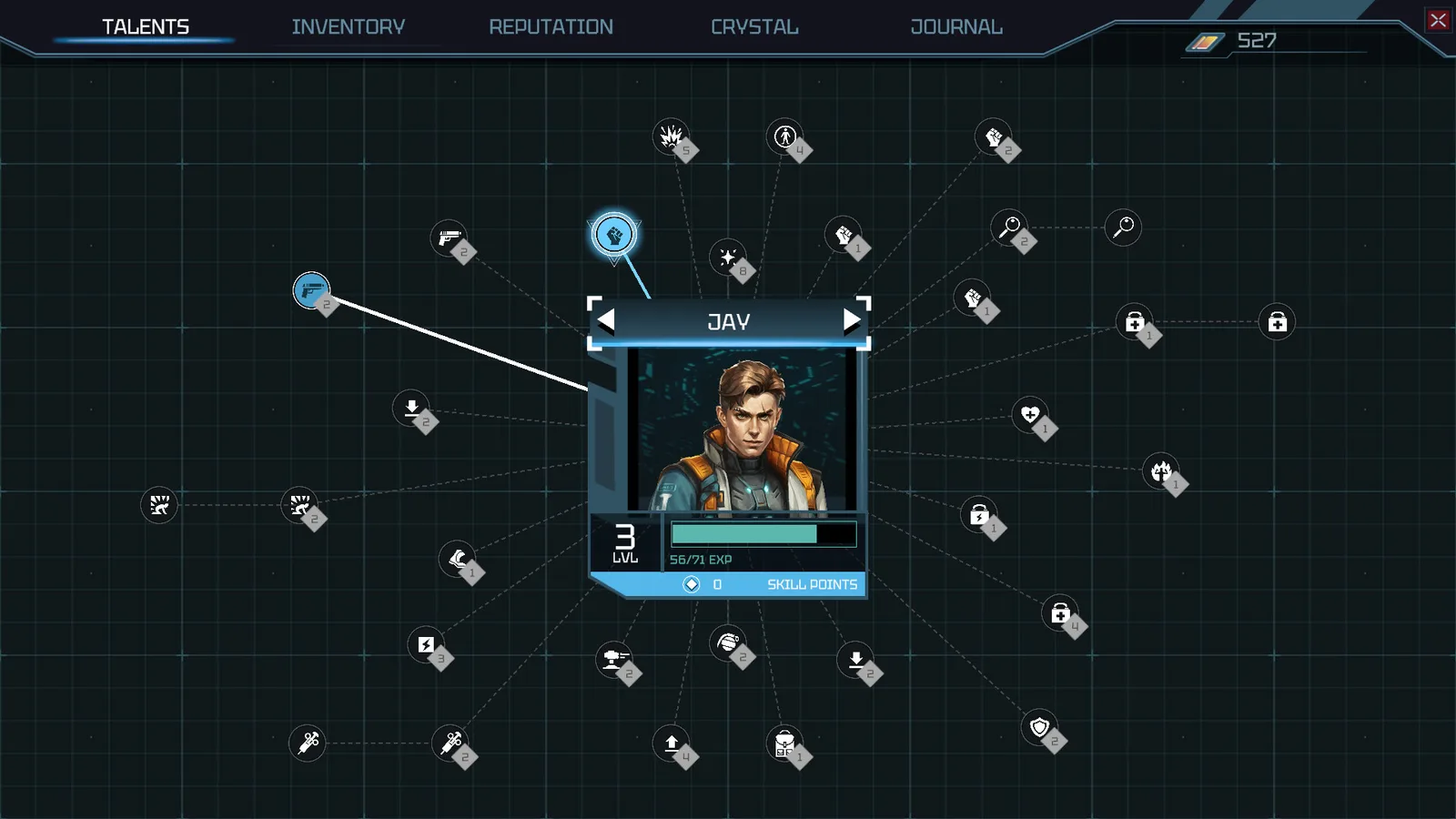 Character talent tree interface from Frontier: Path of Shadows gameplay