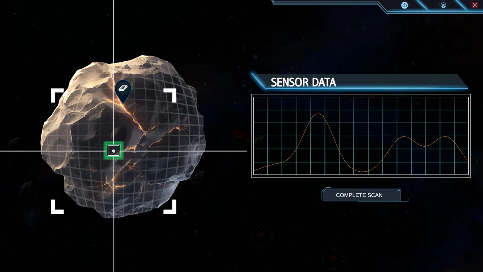 Asteroid scan interface showcasing sensor data in Frontier: Path of Shadows