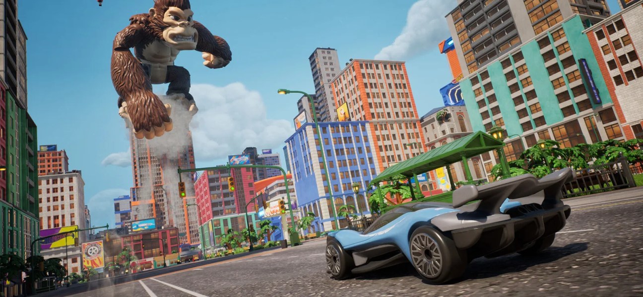 Exciting scene from HOT WHEELS™ Infinite Rush featuring a giant character and a sleek race car.