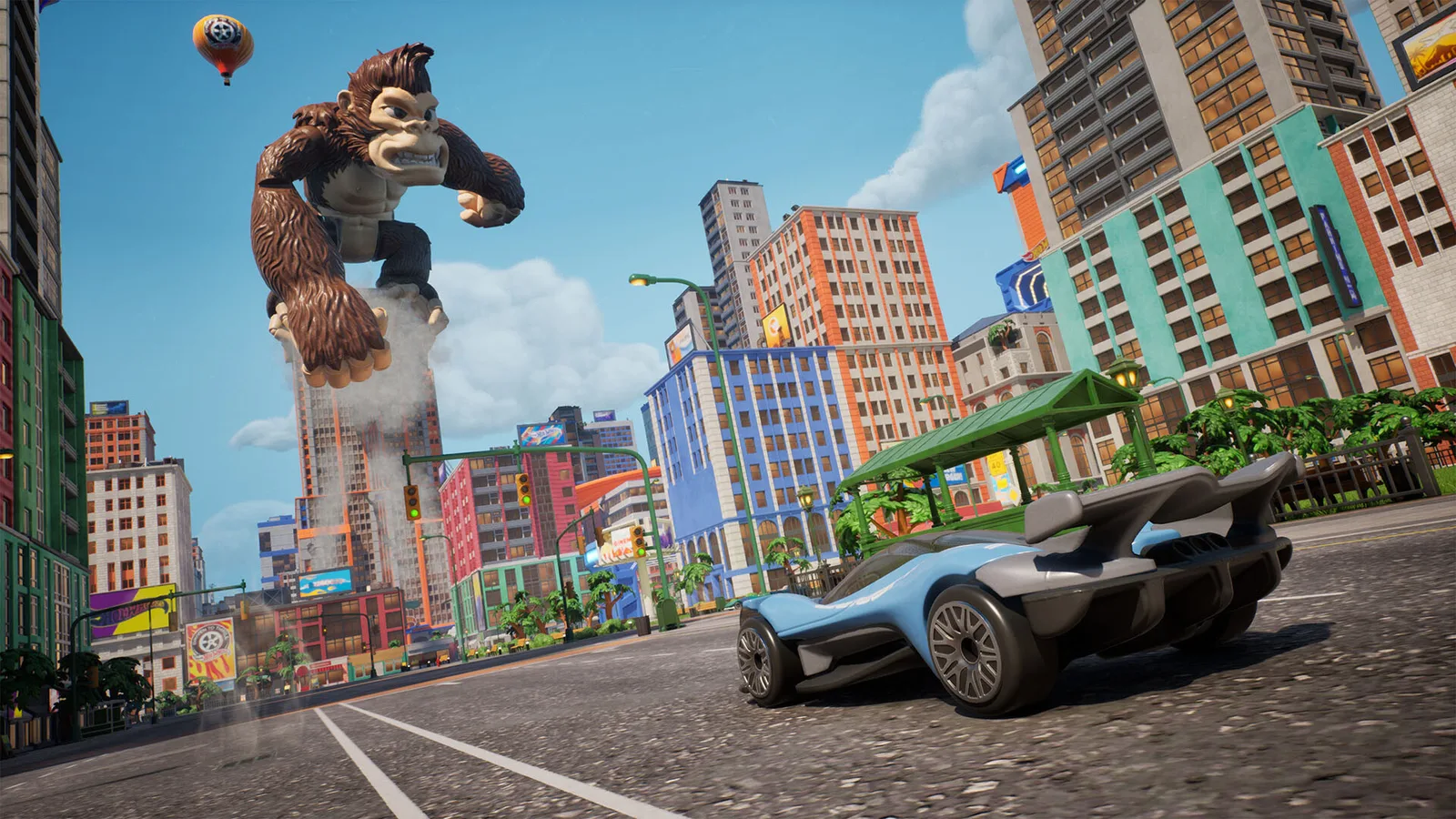 Exciting scene from HOT WHEELS™ Infinite Rush featuring a giant character and a sleek race car.