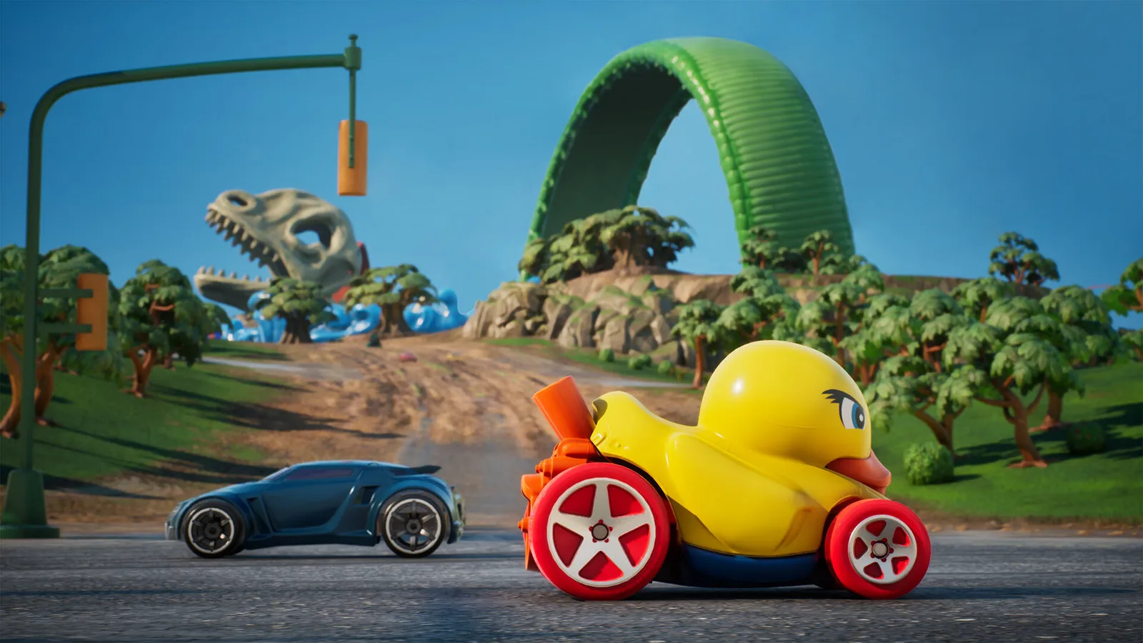 Colorful scene from HOT WHEELS™ Infinite Rush featuring unique cars and vibrant landscapes.
