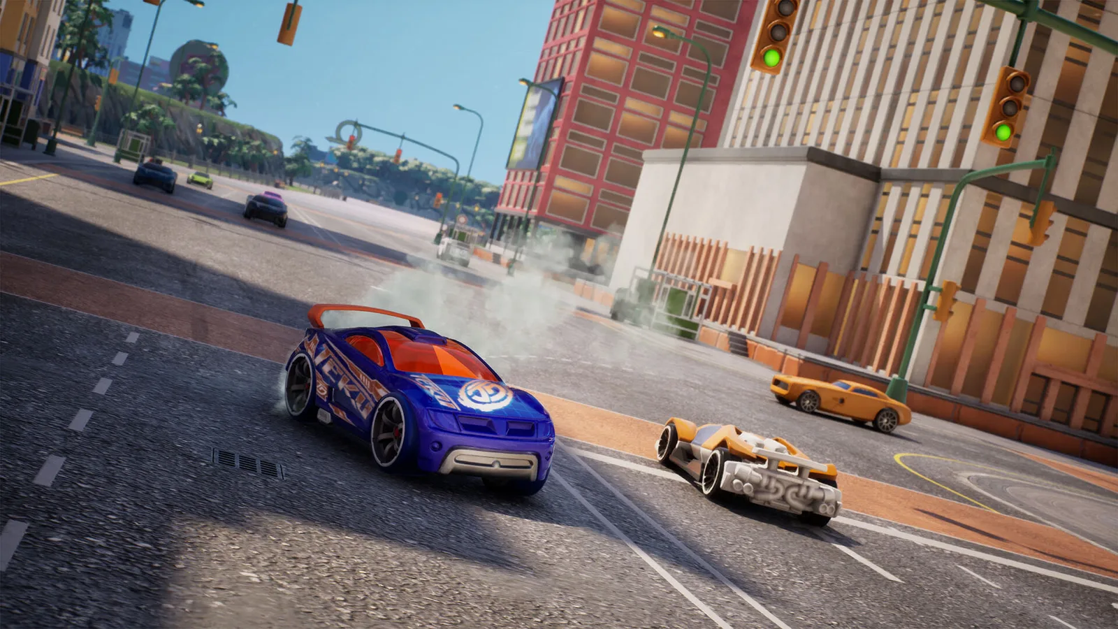 Exciting racing scene from HOT WHEELS™ Infinite Rush featuring vibrant cars and urban backdrop.