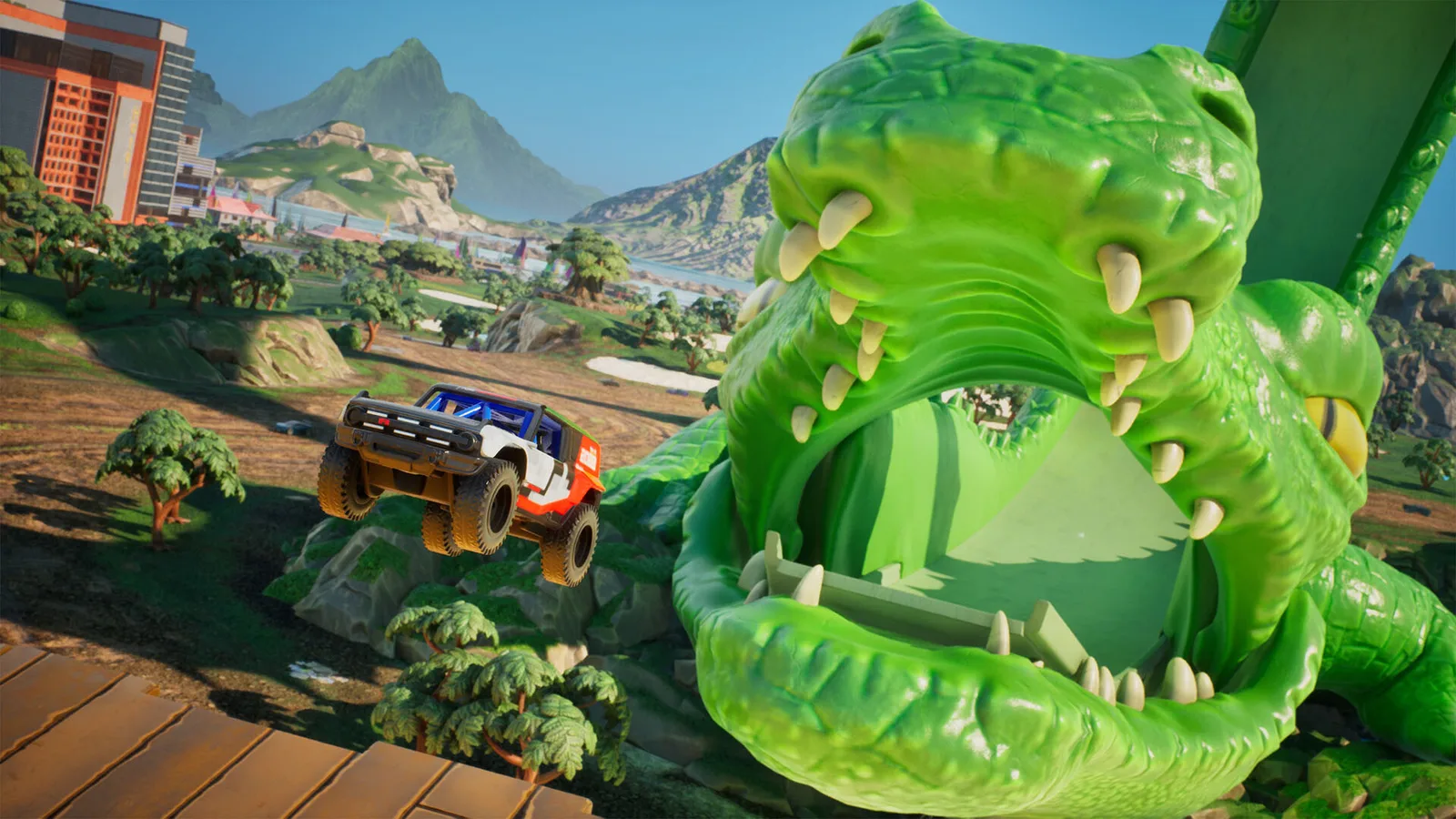 Exciting scene from HOT WHEELS™ Infinite Rush featuring a car jumping through a giant dinosaur mouth.