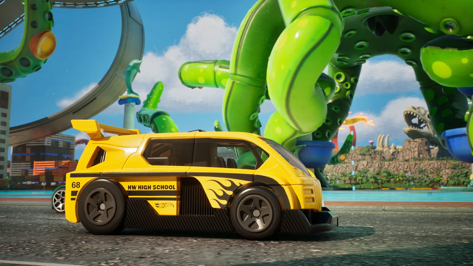 Hot Wheels Infinite Rush gameplay featuring a yellow car and vibrant environment