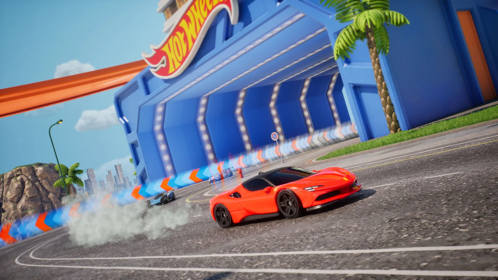 Dynamic racing scene from HOT WHEELS™ Infinite Rush featuring vibrant tracks and sleek cars