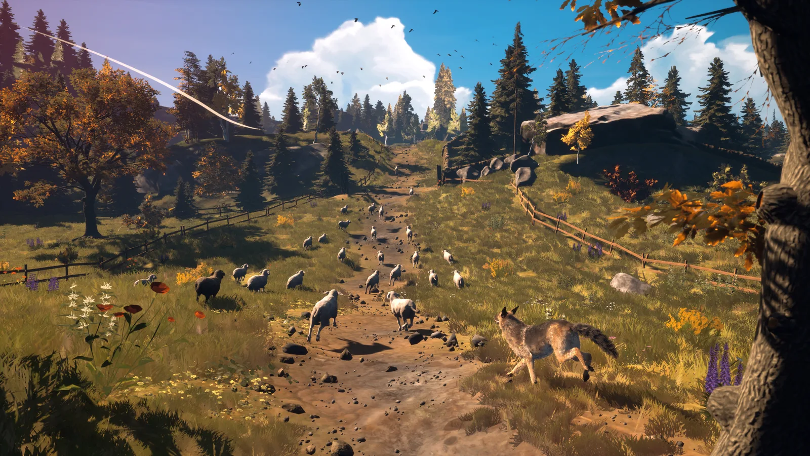 Scenic view of a shepherd dog herding sheep in a vibrant landscape