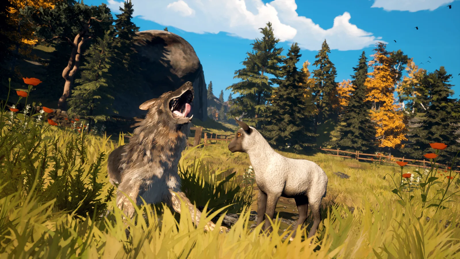 Shepherd dog interacting with sheep in a vibrant landscape