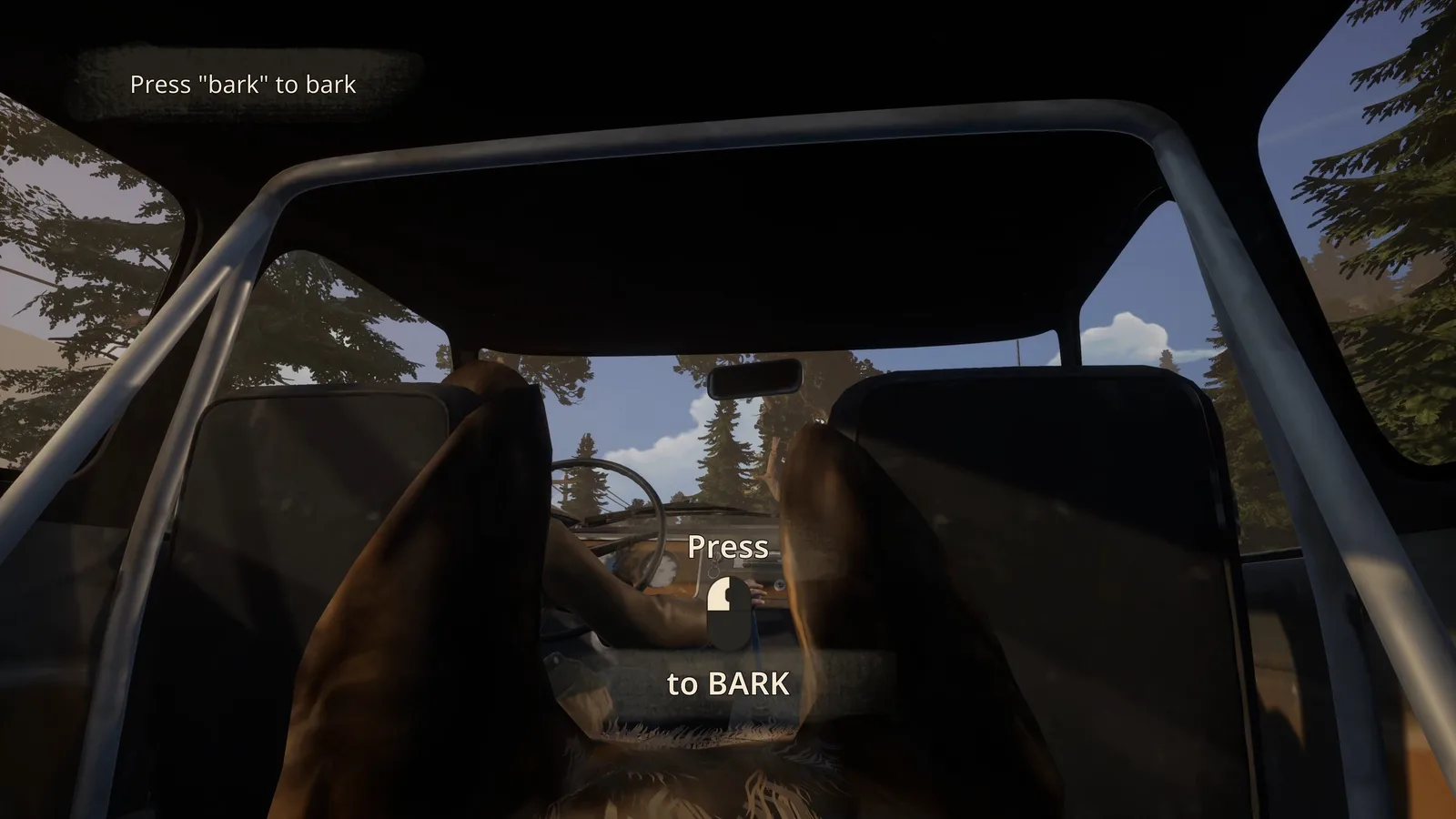 Gameplay screenshot of a shepherd dog in a vehicle, showcasing interactive elements.