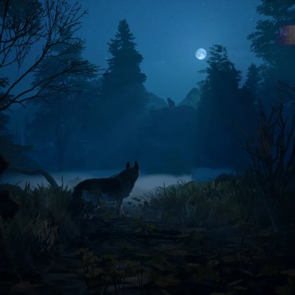 A shepherd dog in a moonlit forest, exploring a serene landscape.