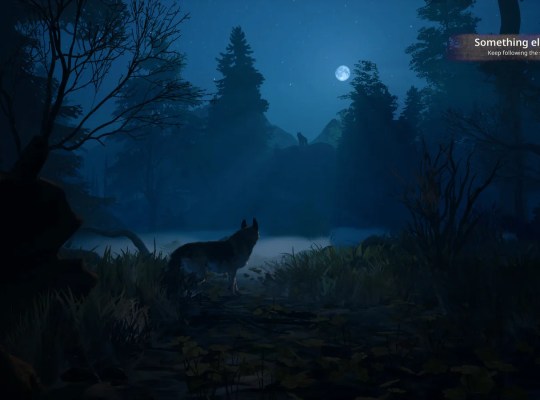 A shepherd dog in a moonlit forest, exploring a serene landscape.