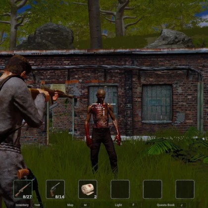 Survivor aiming at a zombie in a post-apocalyptic environment in Journey to Echo