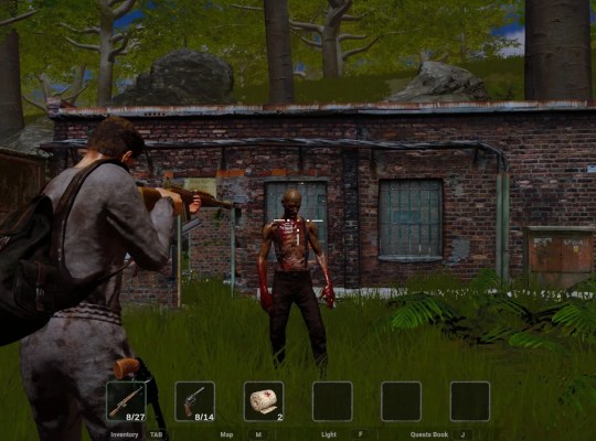 Survivor aiming at a zombie in a post-apocalyptic environment in Journey to Echo