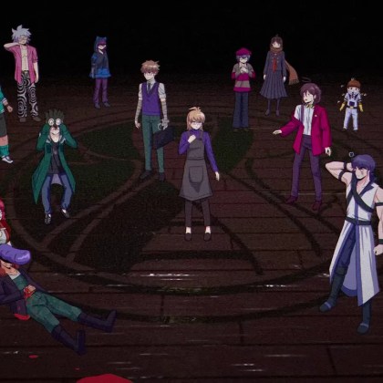 Characters in Kumitantei: Old School Slaughter gather in a dark arena.