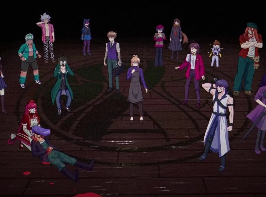Characters in Kumitantei: Old School Slaughter gather in a dark arena.