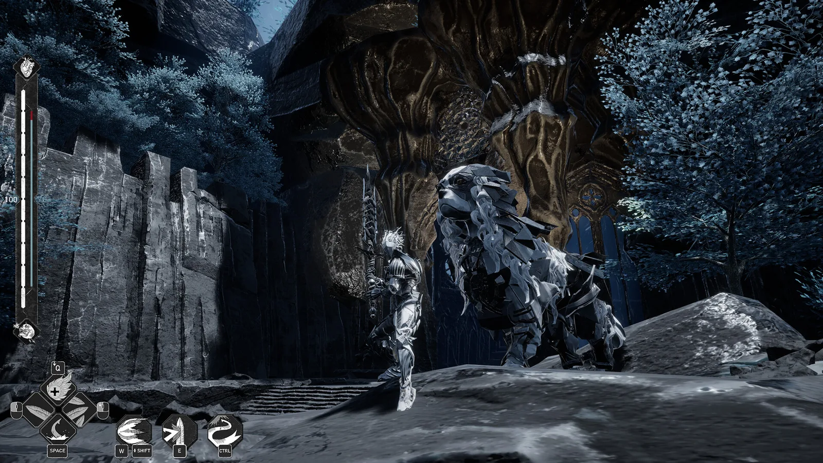 Character and creature in a mystical landscape from Mercy Incore game