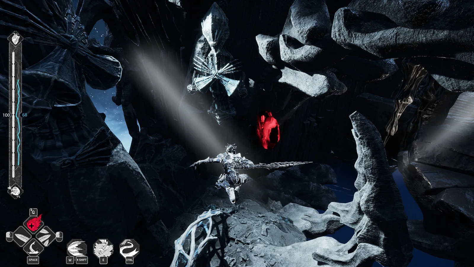Gameplay screenshot of Mercy Incore featuring a character in a dark, rocky environment